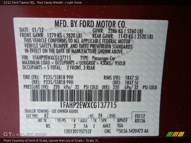 Red Candy Metallic / Light Stone 2012 Ford Taurus SEL