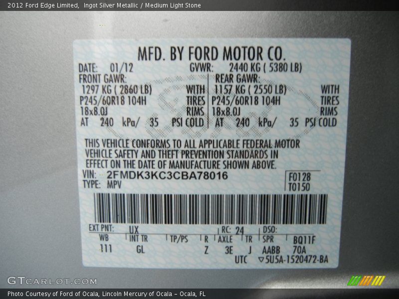 Ingot Silver Metallic / Medium Light Stone 2012 Ford Edge Limited