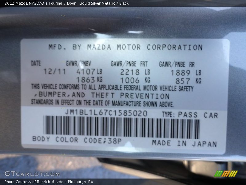 2012 MAZDA3 s Touring 5 Door Liquid Silver Metallic Color Code 38P