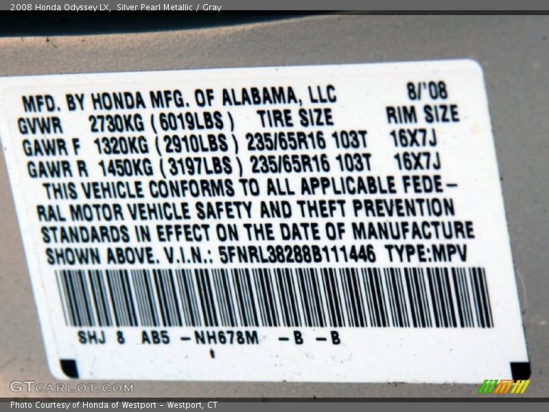 Silver Pearl Metallic / Gray 2008 Honda Odyssey LX