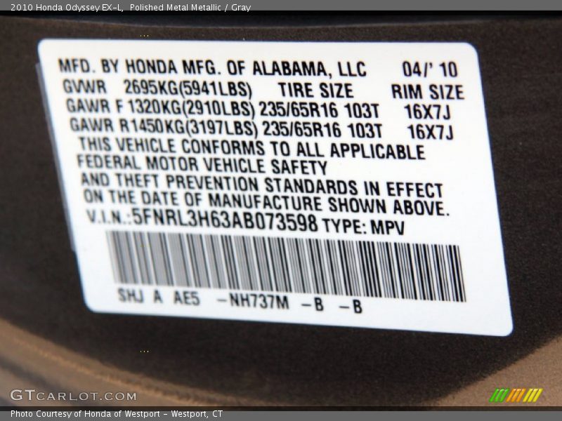 Polished Metal Metallic / Gray 2010 Honda Odyssey EX-L