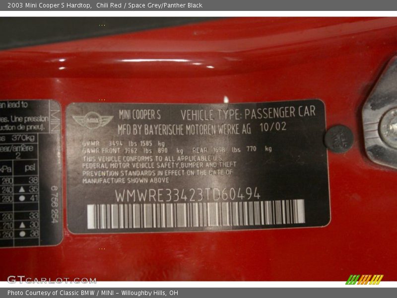 Chili Red / Space Grey/Panther Black 2003 Mini Cooper S Hardtop