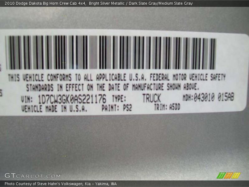 2010 Dakota Big Horn Crew Cab 4x4 Bright Silver Metallic Color Code PS2
