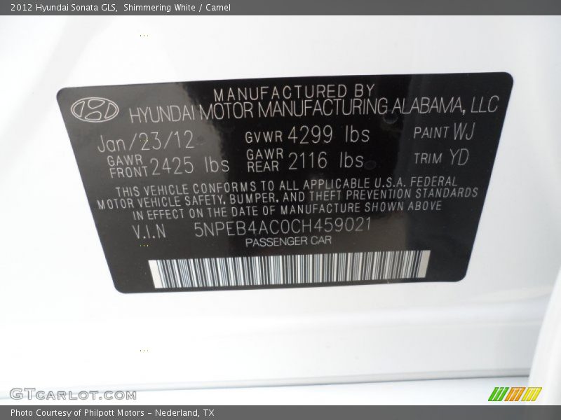 2012 Sonata GLS Shimmering White Color Code WJ