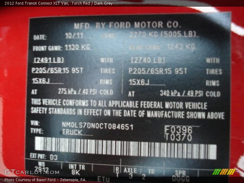 2012 Transit Connect XLT Van Torch Red Color Code D3