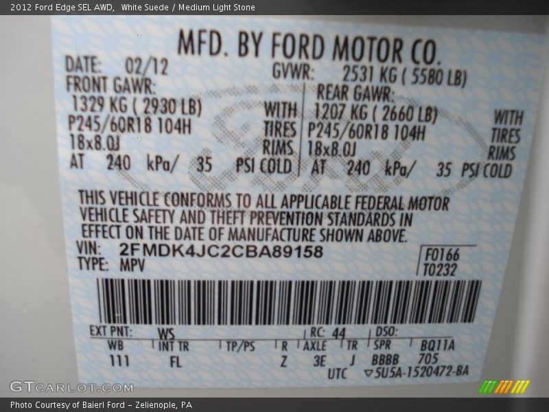 White Suede / Medium Light Stone 2012 Ford Edge SEL AWD
