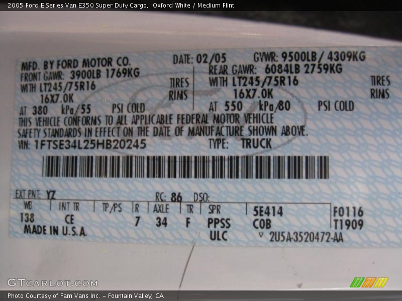 2005 E Series Van E350 Super Duty Cargo Oxford White Color Code YZ
