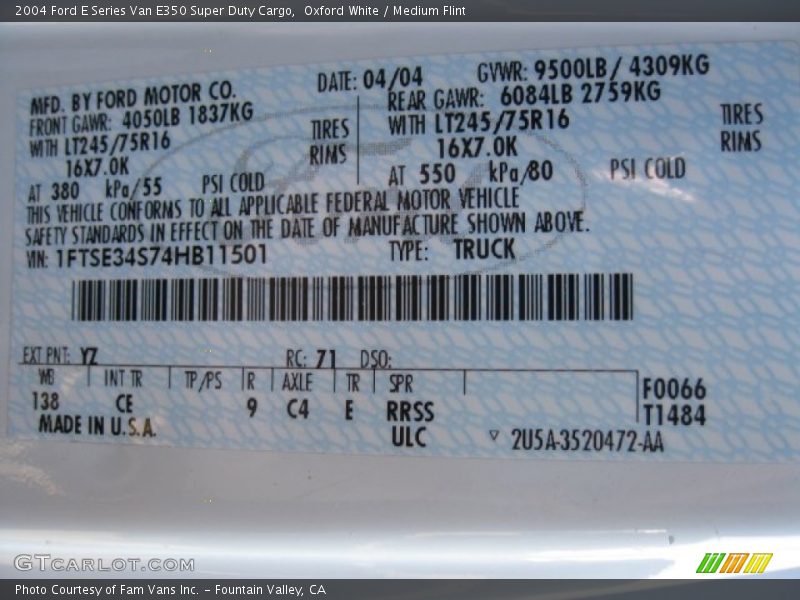 2004 E Series Van E350 Super Duty Cargo Oxford White Color Code YZ