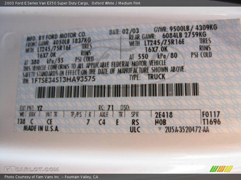 2003 E Series Van E350 Super Duty Cargo Oxford White Color Code YZ