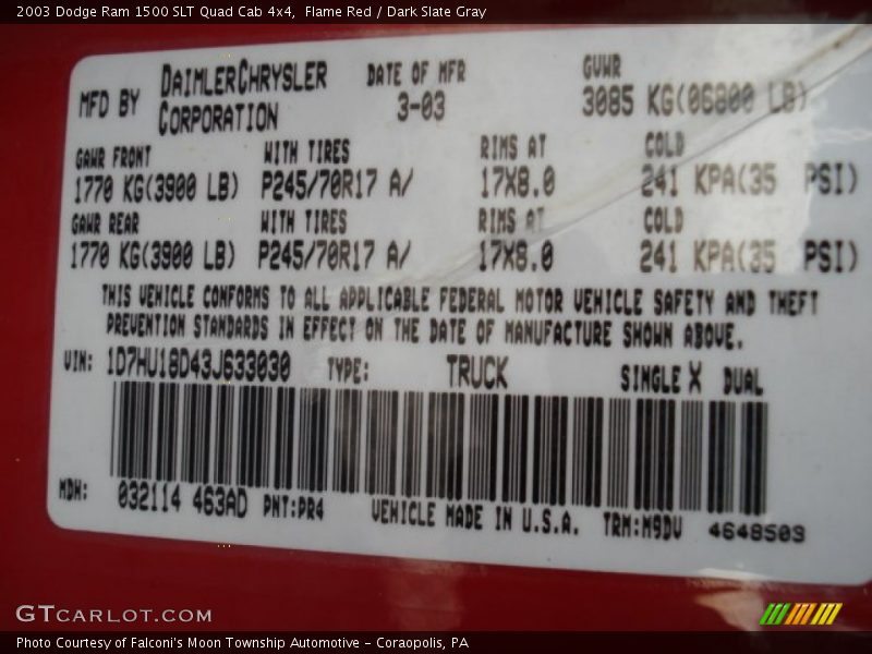 2003 Ram 1500 SLT Quad Cab 4x4 Flame Red Color Code PR4
