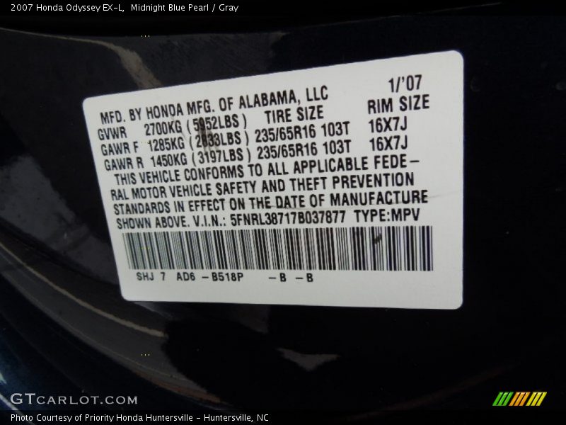 Midnight Blue Pearl / Gray 2007 Honda Odyssey EX-L