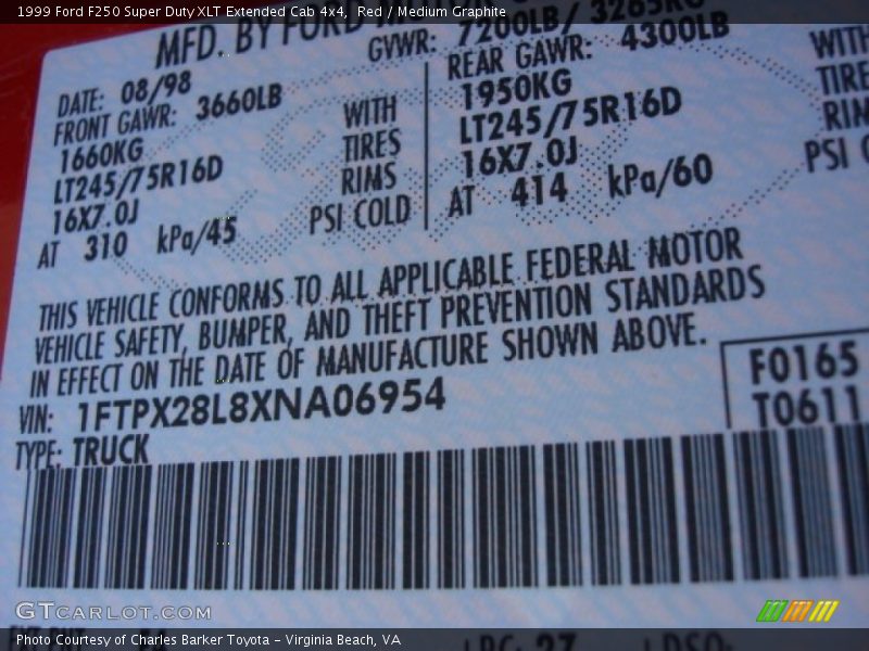 Red / Medium Graphite 1999 Ford F250 Super Duty XLT Extended Cab 4x4