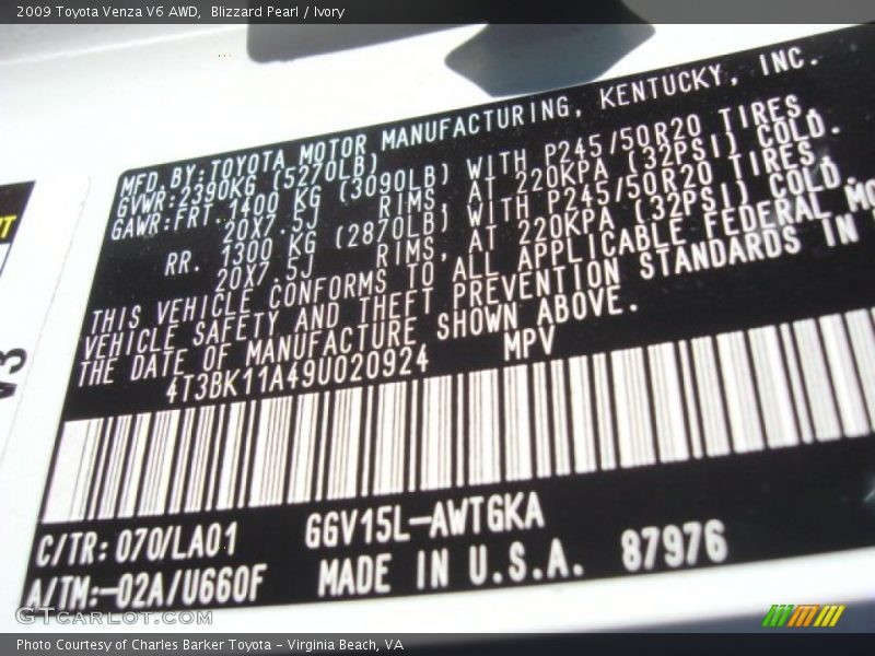 Blizzard Pearl / Ivory 2009 Toyota Venza V6 AWD