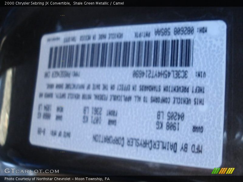 Shale Green Metallic / Camel 2000 Chrysler Sebring JX Convertible