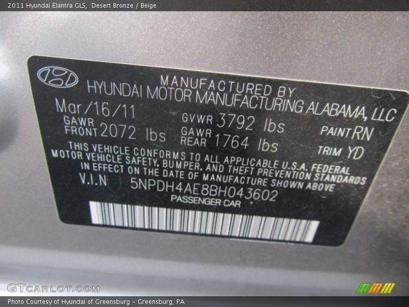 2011 Elantra GLS Desert Bronze Color Code RN