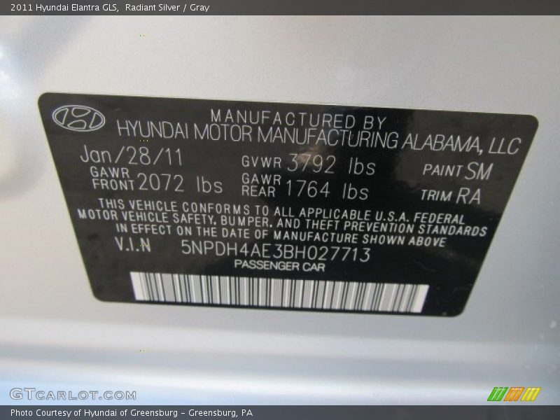 2011 Elantra GLS Radiant Silver Color Code SM