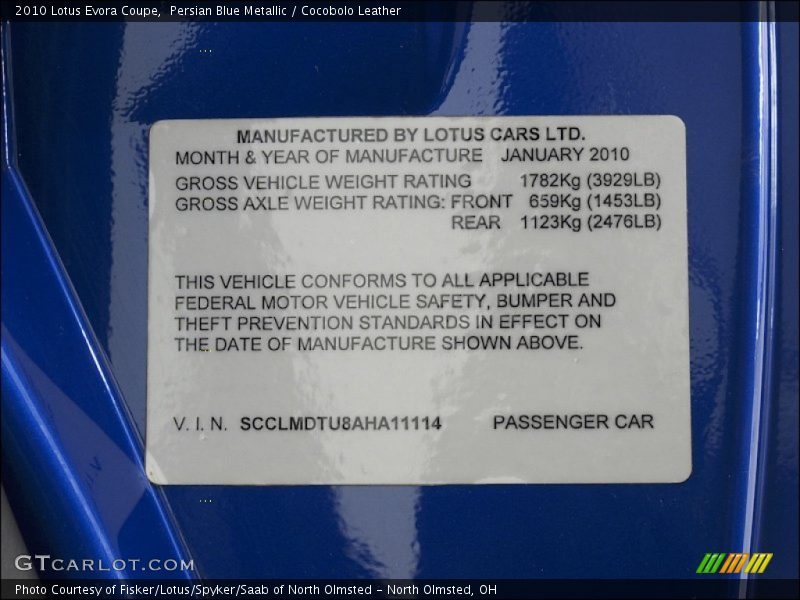 Info Tag of 2010 Evora Coupe