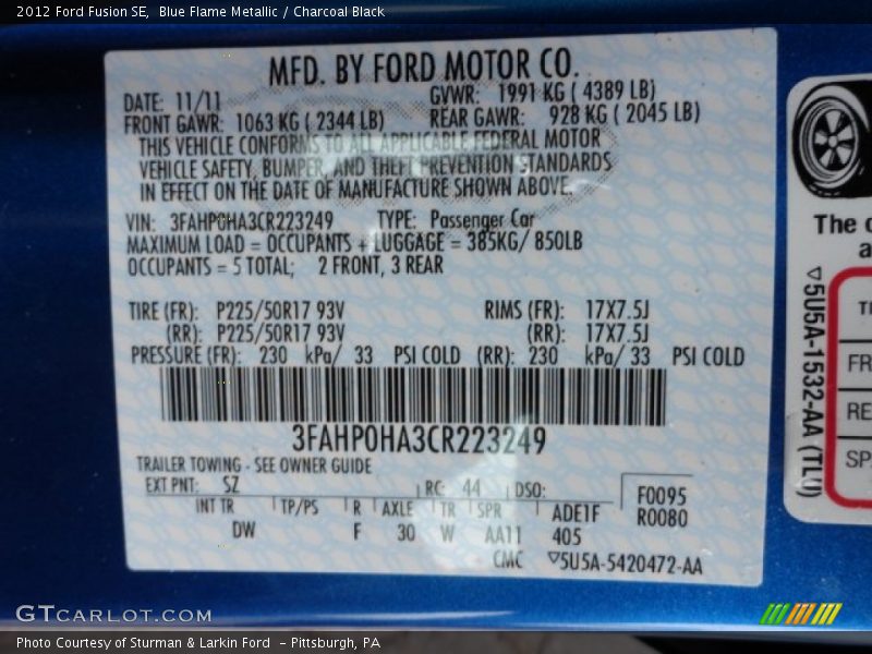 Blue Flame Metallic / Charcoal Black 2012 Ford Fusion SE