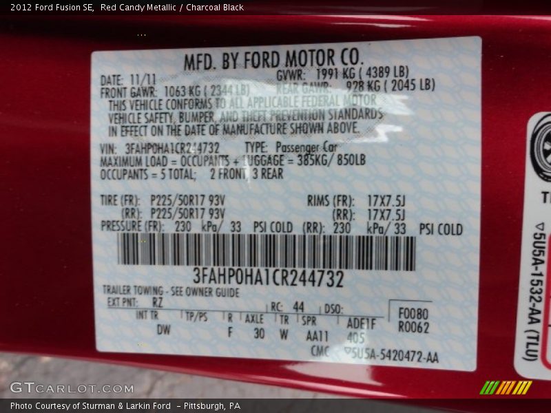 Red Candy Metallic / Charcoal Black 2012 Ford Fusion SE