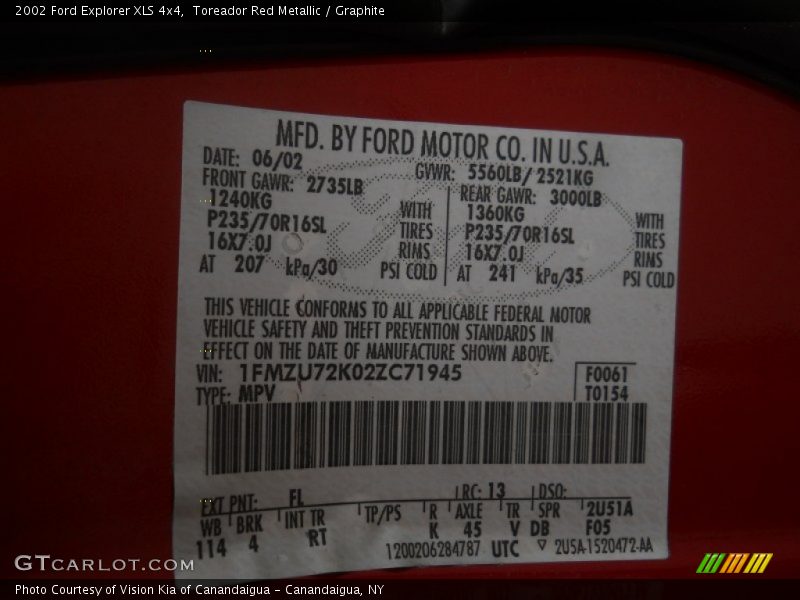 2002 Explorer XLS 4x4 Toreador Red Metallic Color Code FL