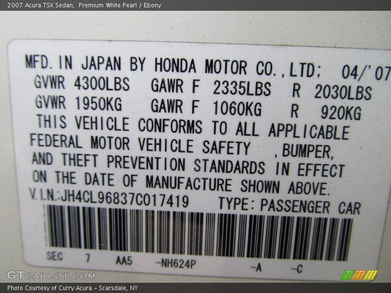 Premium White Pearl / Ebony 2007 Acura TSX Sedan