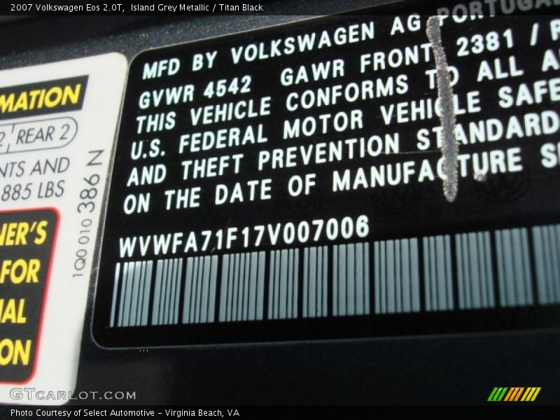 Island Grey Metallic / Titan Black 2007 Volkswagen Eos 2.0T