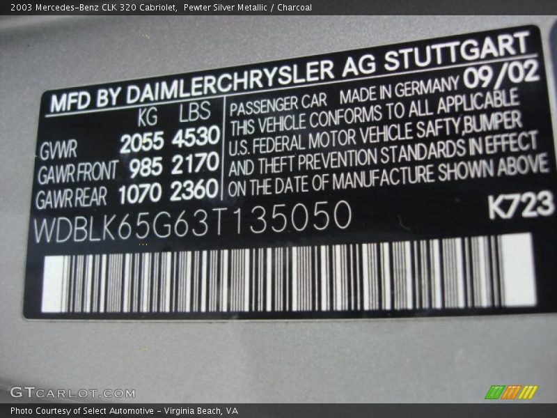 2003 CLK 320 Cabriolet Pewter Silver Metallic Color Code 723