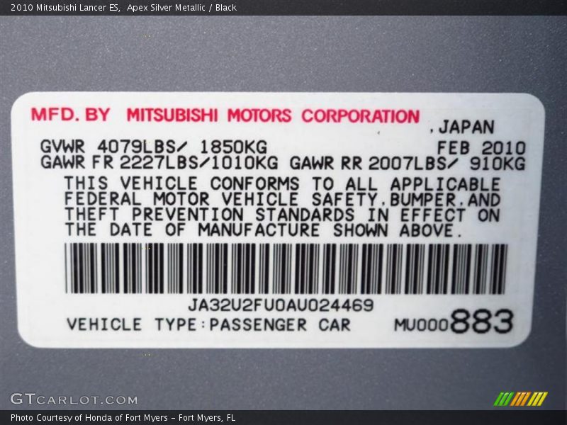 Apex Silver Metallic / Black 2010 Mitsubishi Lancer ES