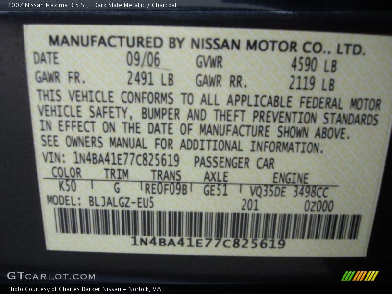 Dark Slate Metallic / Charcoal 2007 Nissan Maxima 3.5 SL