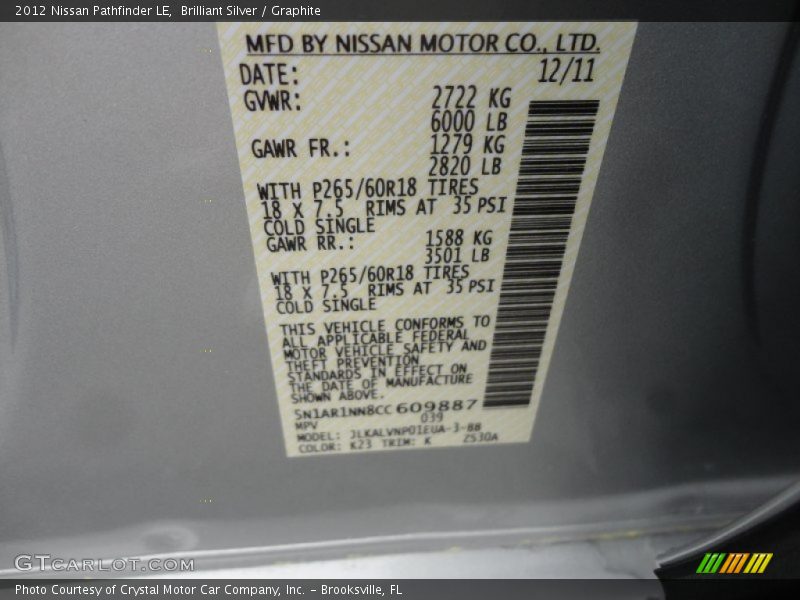 Brilliant Silver / Graphite 2012 Nissan Pathfinder LE