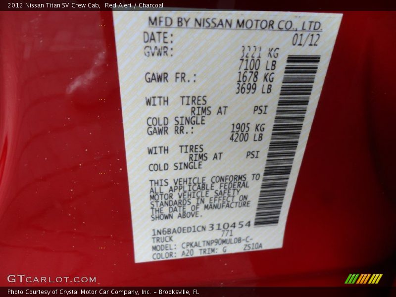 2012 Titan SV Crew Cab Red Alert Color Code A20