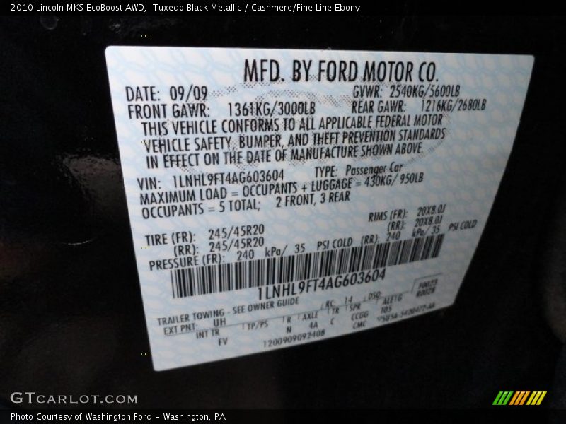 Tuxedo Black Metallic / Cashmere/Fine Line Ebony 2010 Lincoln MKS EcoBoost AWD