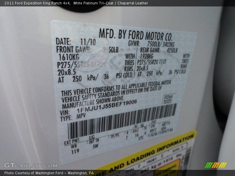 2011 Expedition King Ranch 4x4 White Platinum Tri-Coat Color Code UG