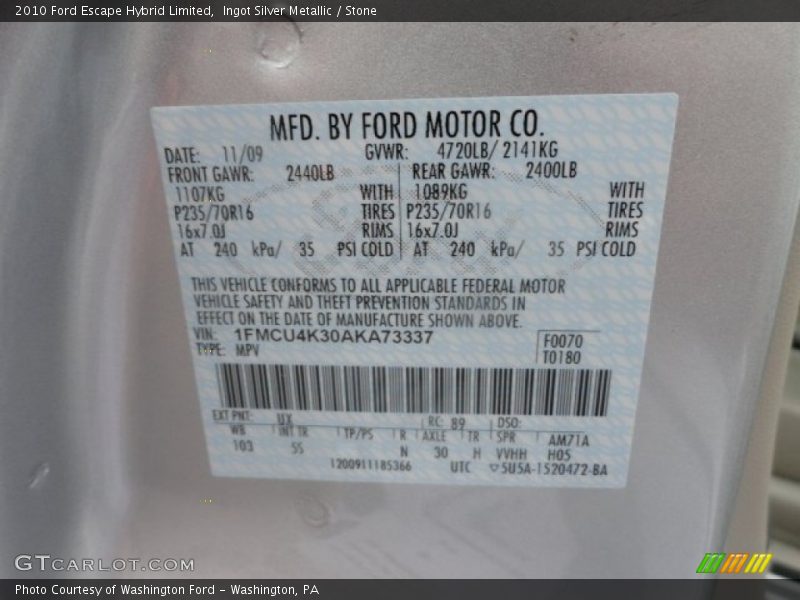 Ingot Silver Metallic / Stone 2010 Ford Escape Hybrid Limited