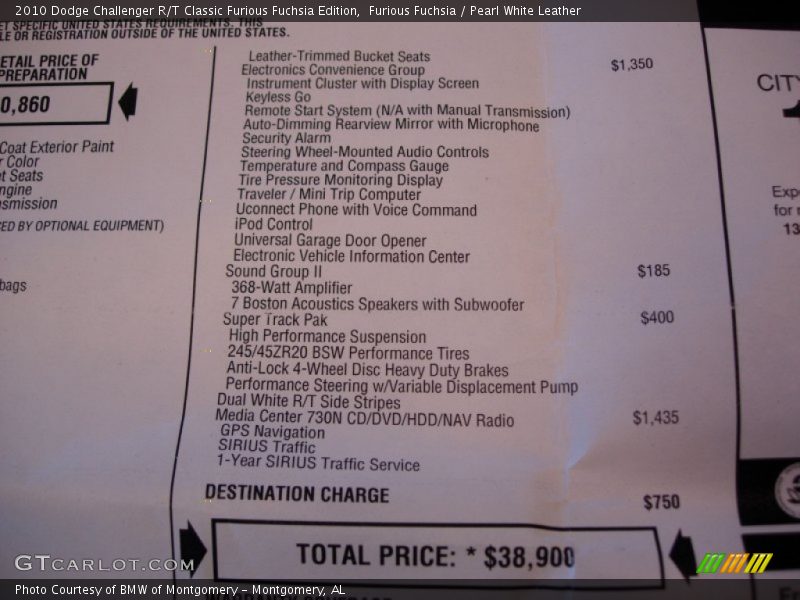  2010 Challenger R/T Classic Furious Fuchsia Edition Window Sticker