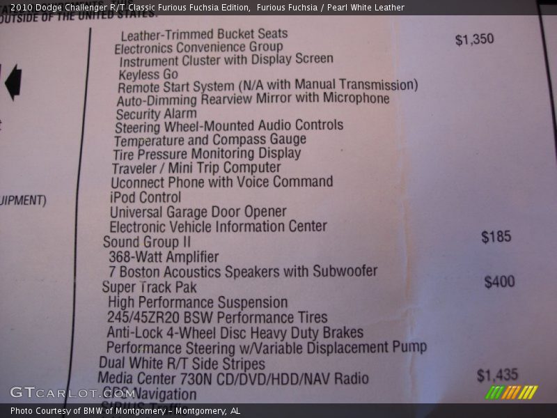  2010 Challenger R/T Classic Furious Fuchsia Edition Window Sticker