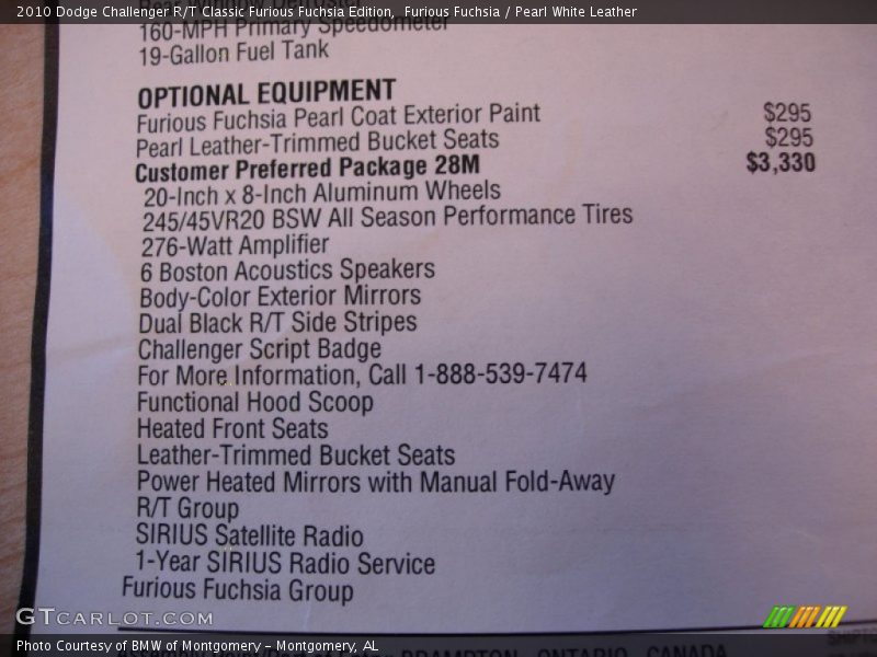  2010 Challenger R/T Classic Furious Fuchsia Edition Window Sticker