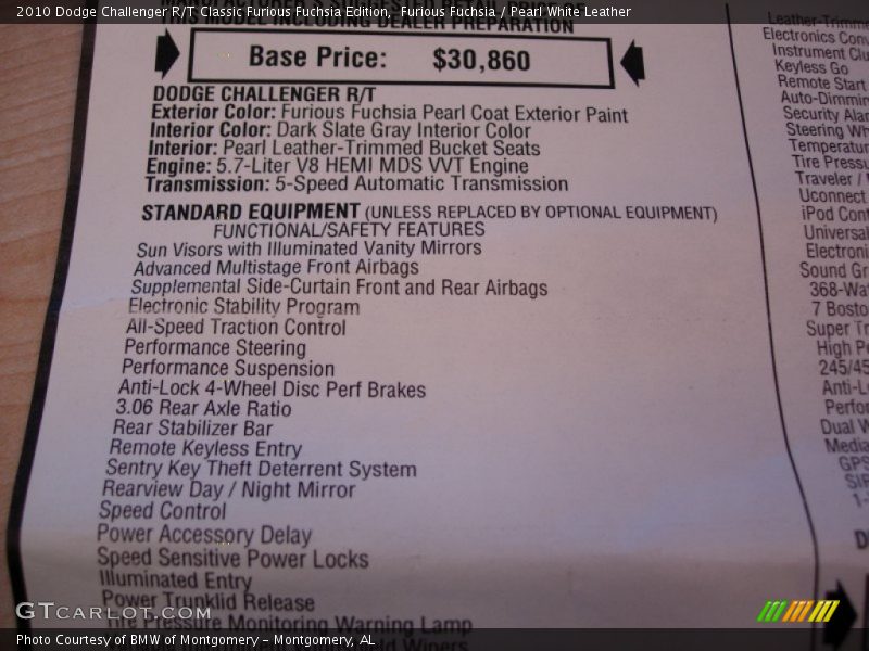  2010 Challenger R/T Classic Furious Fuchsia Edition Window Sticker