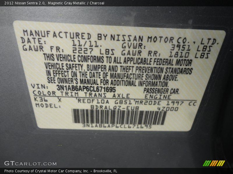 Magnetic Gray Metallic / Charcoal 2012 Nissan Sentra 2.0