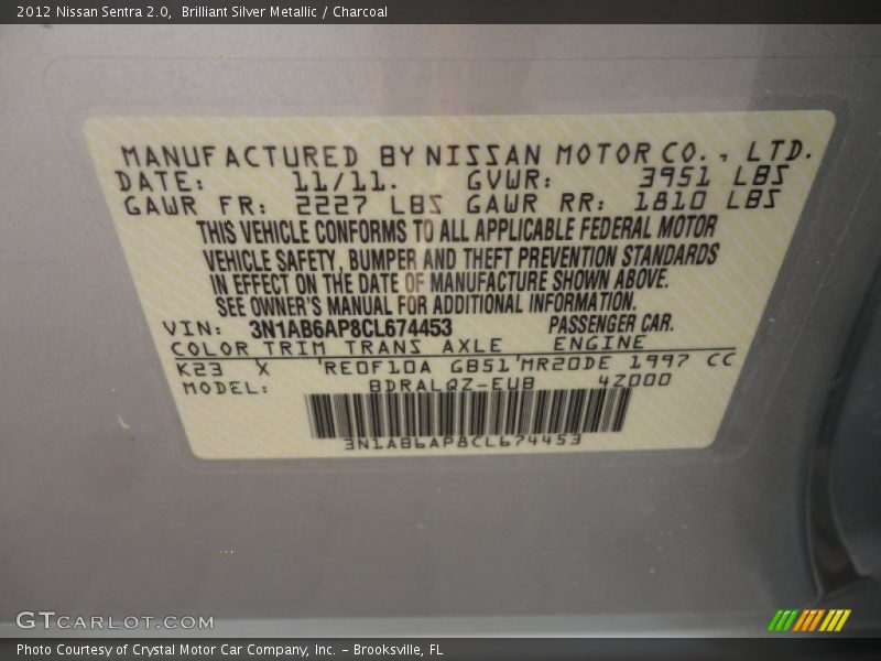 Brilliant Silver Metallic / Charcoal 2012 Nissan Sentra 2.0