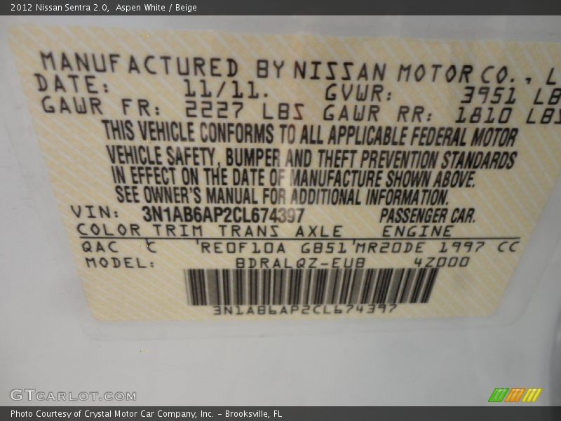 Aspen White / Beige 2012 Nissan Sentra 2.0