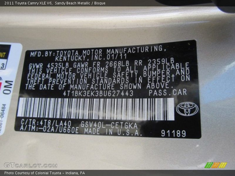 Sandy Beach Metallic / Bisque 2011 Toyota Camry XLE V6