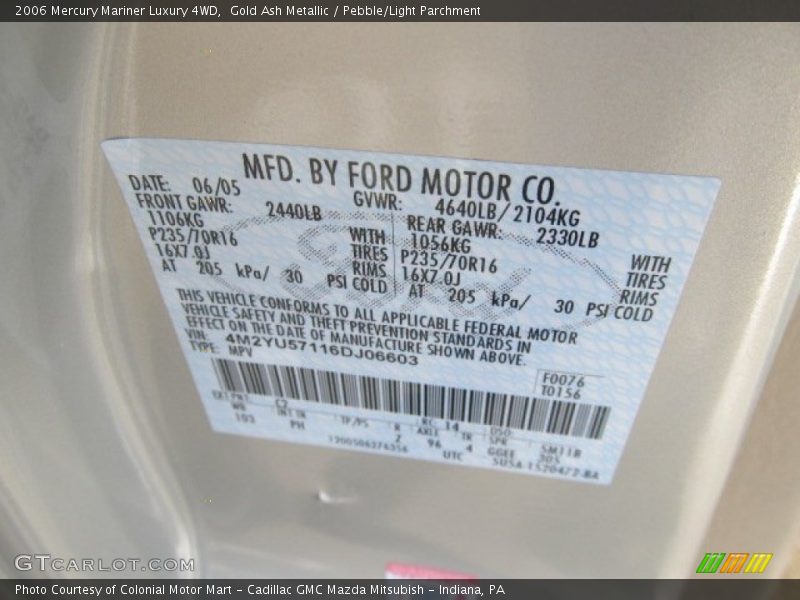 2006 Mariner Luxury 4WD Gold Ash Metallic Color Code C2