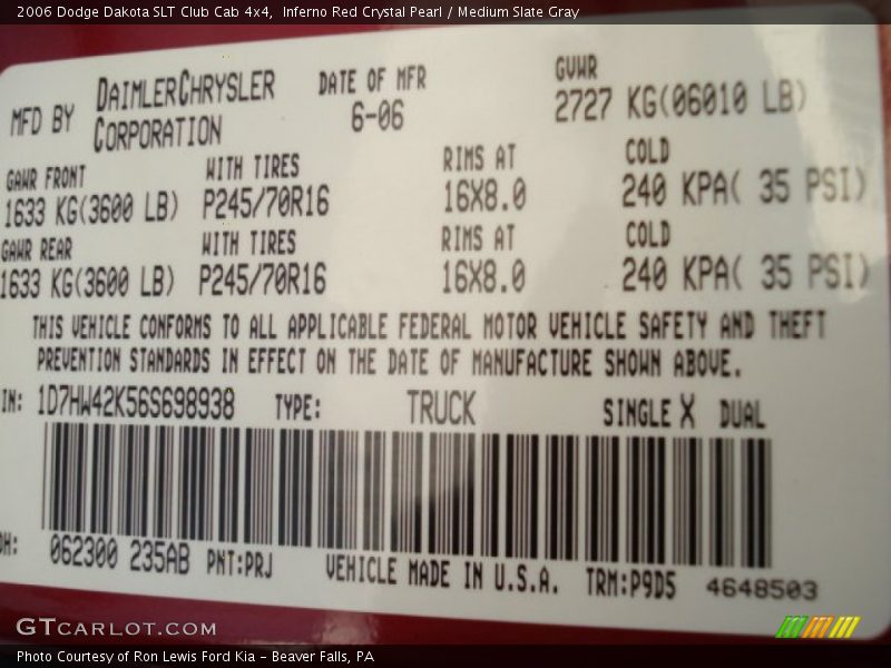 2006 Dakota SLT Club Cab 4x4 Inferno Red Crystal Pearl Color Code PRJ