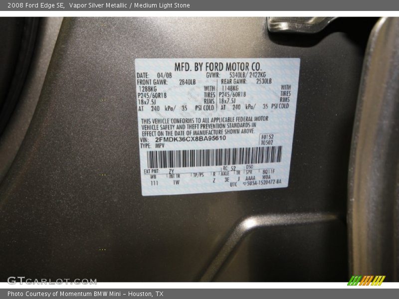 2008 Edge SE Vapor Silver Metallic Color Code ZY