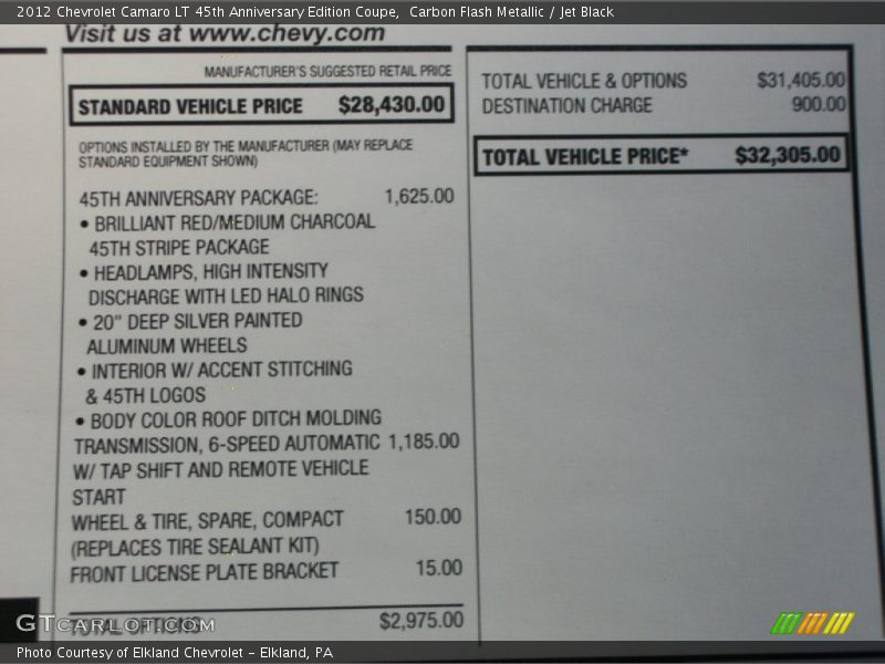  2012 Camaro LT 45th Anniversary Edition Coupe Window Sticker