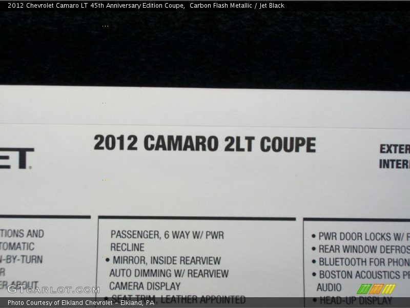 2012 Camaro LT 45th Anniversary Edition Coupe Window Sticker