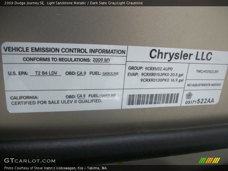 Light Sandstone Metallic / Dark Slate Gray/Light Graystone 2009 Dodge Journey SE