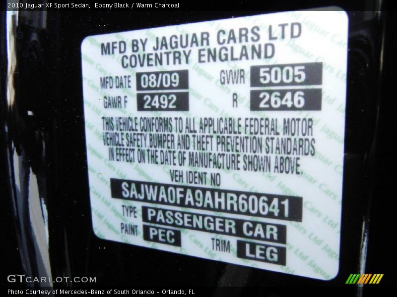 2010 XF Sport Sedan Ebony Black Color Code PEC
