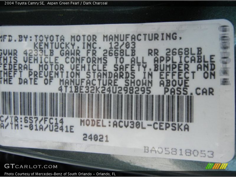 Aspen Green Pearl / Dark Charcoal 2004 Toyota Camry SE